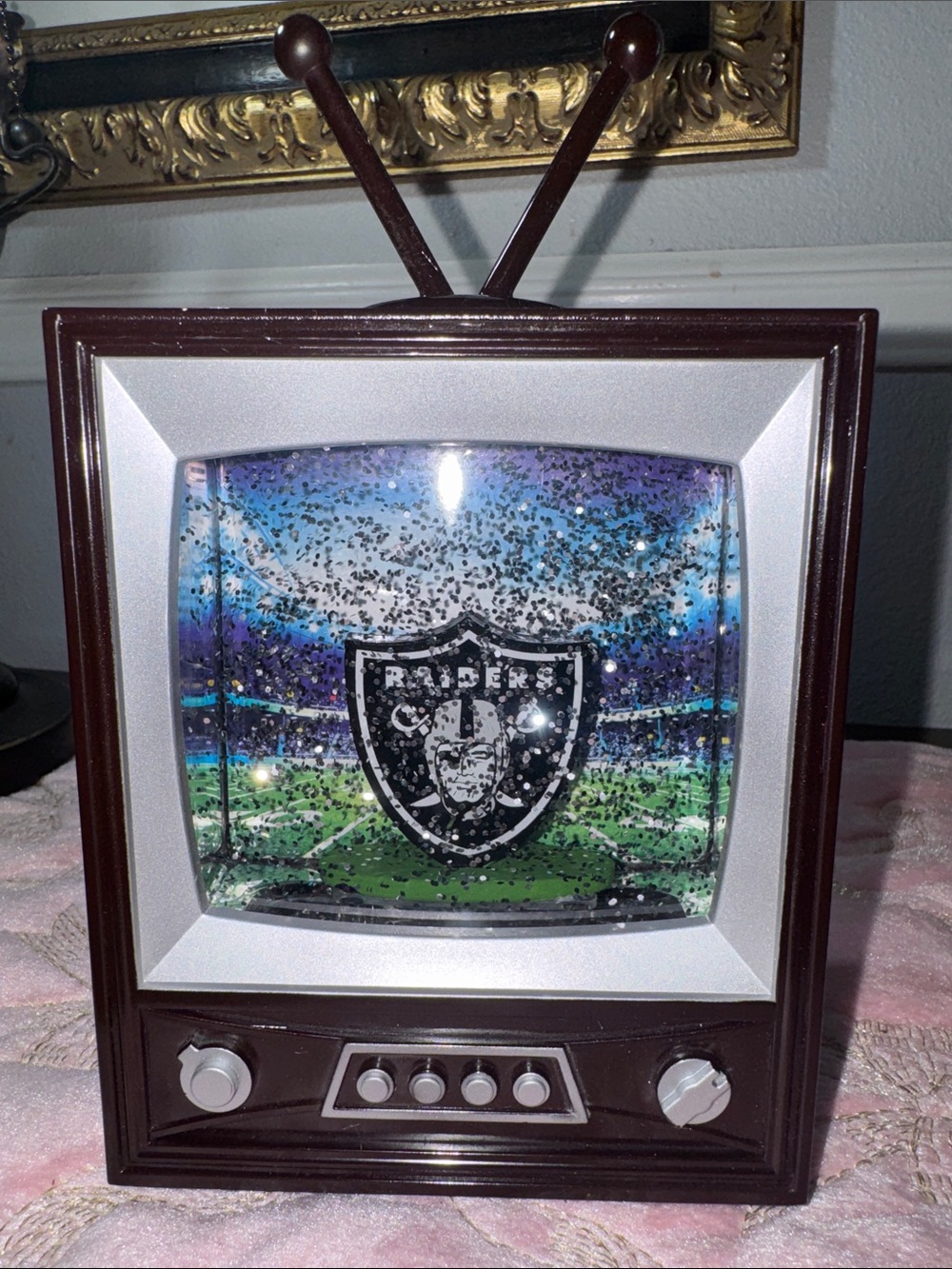 Oak Brown TV Snow Globe with Black & Silver Team Shield